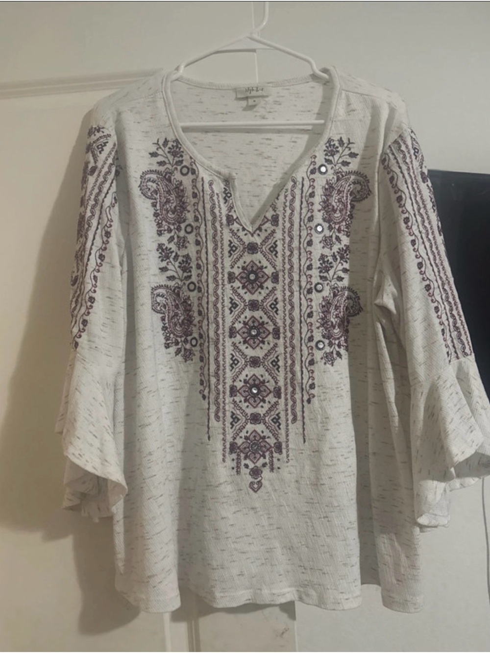 Style & Co. White Tunic Top with Purple Embroidery